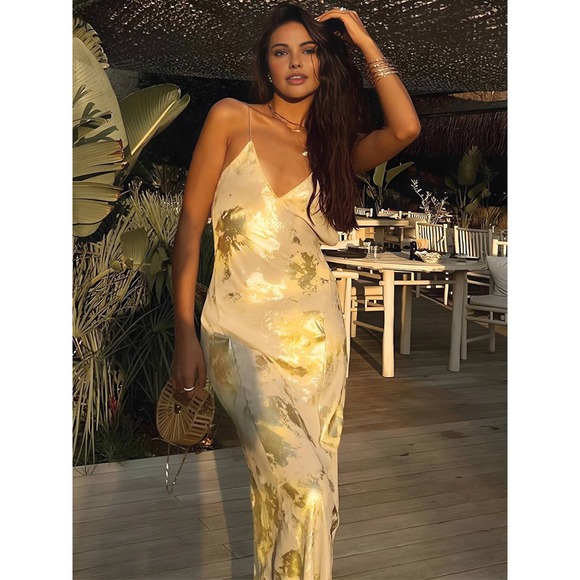 Commense Slinky Gold Print Maxi Dress, Sleeveless Evening Gown Open Back Party S - Picture 2 of 8